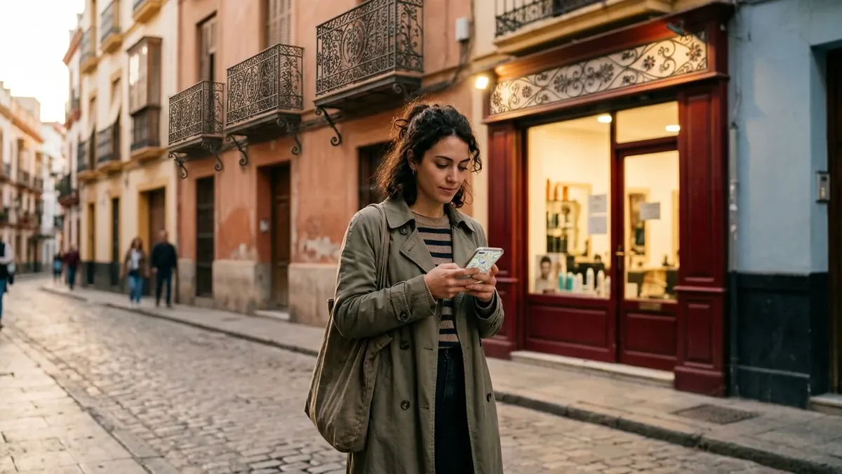 Una mujer consulta en el móvil la ficha de una peluquería en Google Maps, parada en la acera frente al escaparate iluminado del local