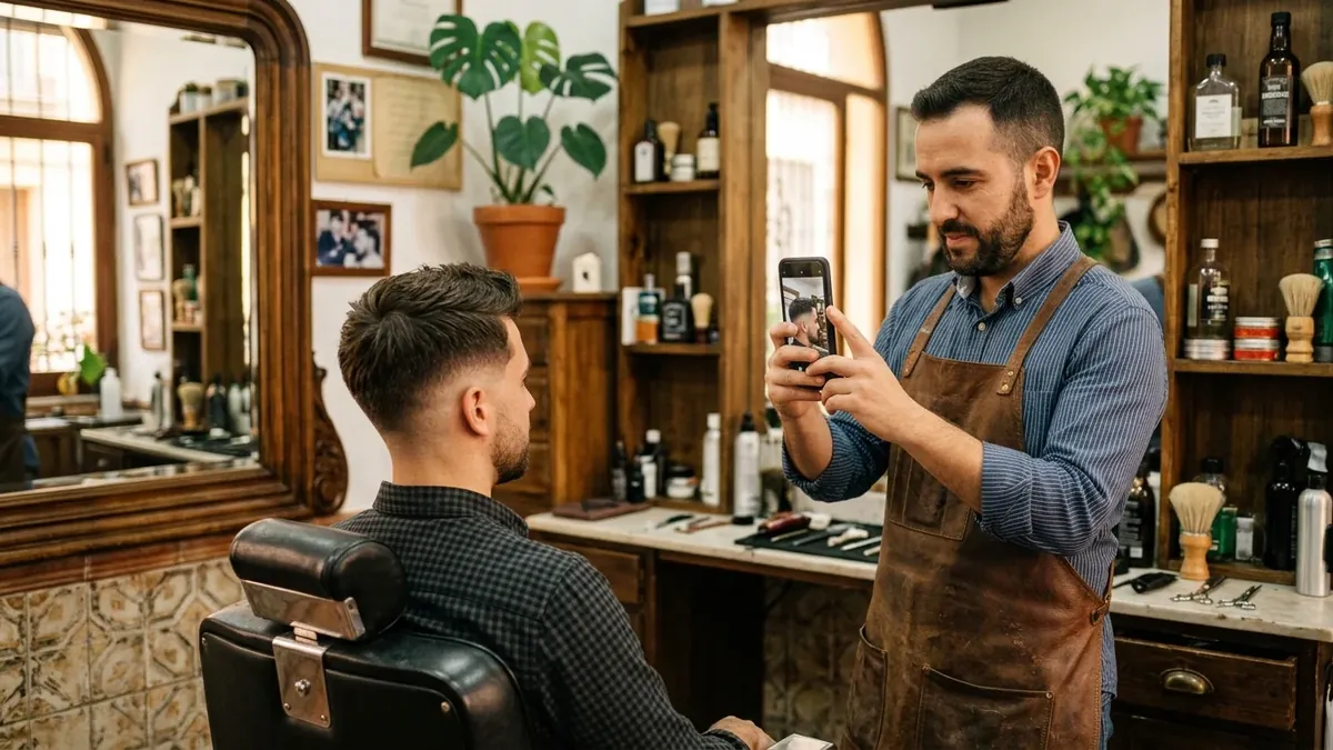 Un barbero fotografía con el móvil el corte que acaba de terminar a un cliente sentado en el sillón de la barbería