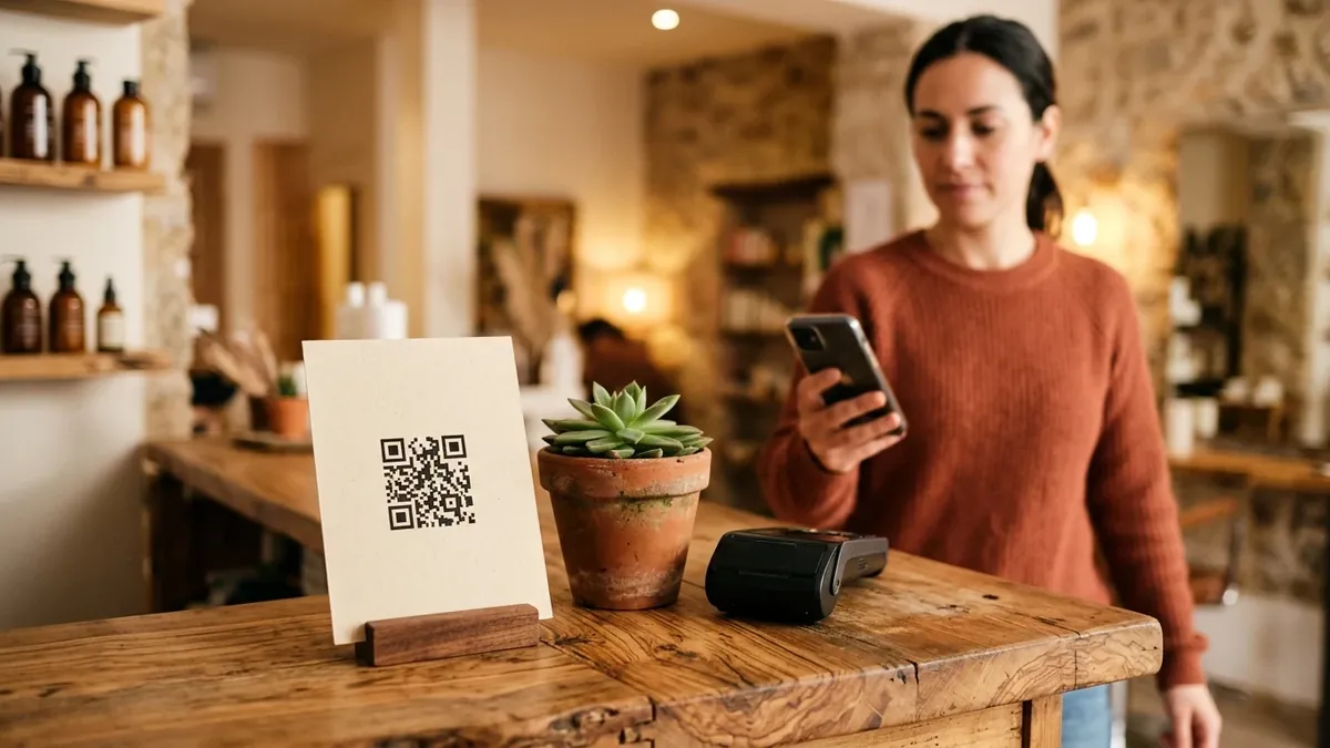 Tarjeta con un código QR para reservar cita sobre el mostrador de madera de un salón de belleza, junto a una planta y un datáfono