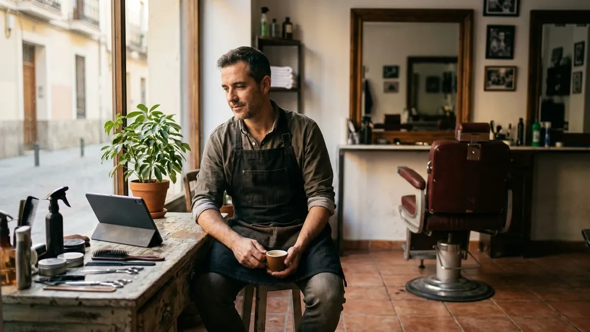 Peluquero tomando un café junto a la ventana en un rato tranquilo entre clientes, con la tablet de la agenda sobre el mostrador