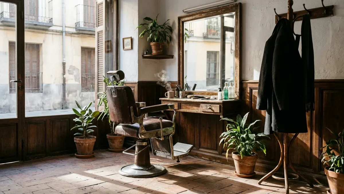 An empty neighbourhood hair salon on a January morning, with a vintage chair, a steaming cup of coffee on the dressing table and a coat on the stand, in low winter light