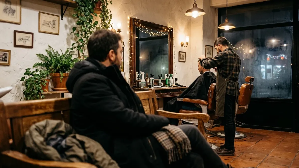 A barber cuts a client's hair at the back of a neighbourhood barbershop while another client waits on a wooden bench with a coat on, on a December evening