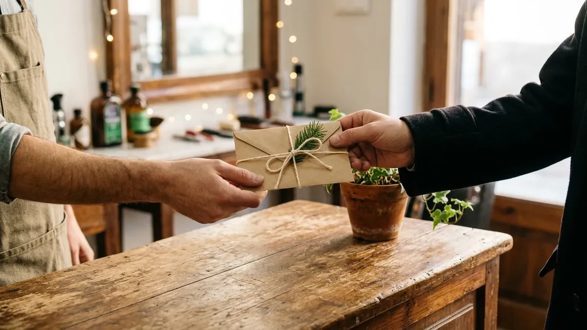 Hands passing a kraft paper envelope tied with string and a sprig of pine across a wooden counter, as a gift card