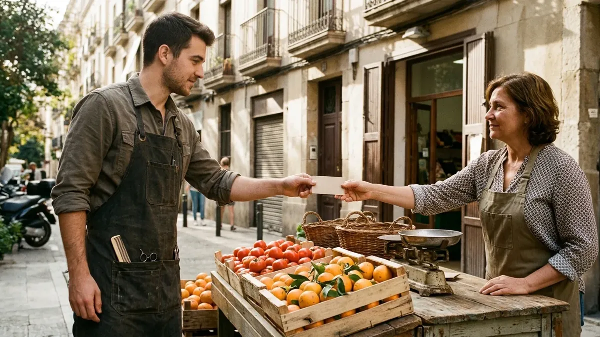 Un barbero joven con delantal entrega una tarjeta a la dueña de la frutería de al lado, por encima de unas cajas de naranjas y tomates, en una calle de barrio
