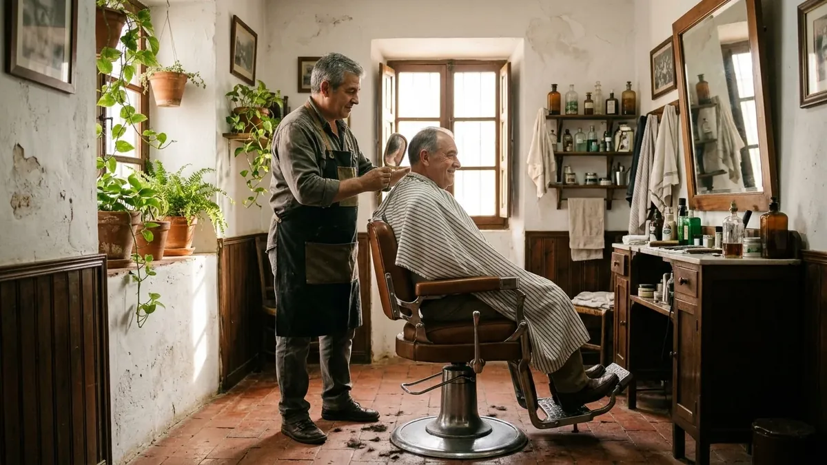 Un barbero sostiene un espejo de mano para enseñar a su cliente cómo ha quedado la nuca, en una barbería con plantas y luz de tarde