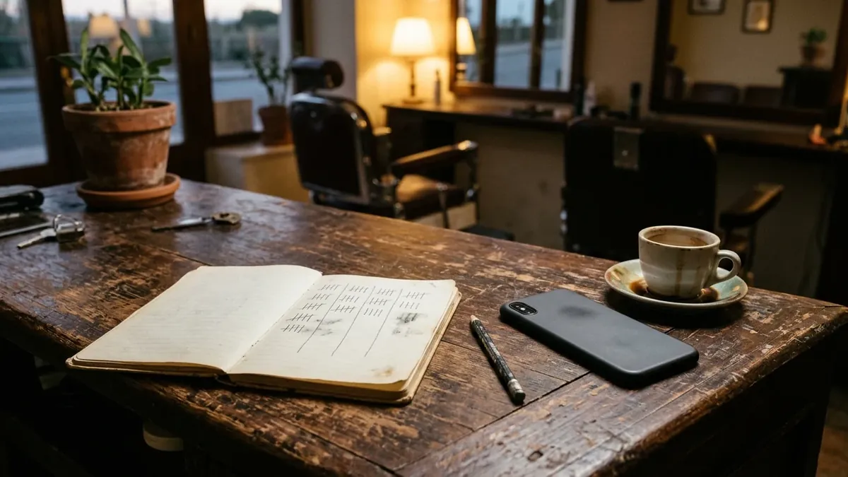 Una libreta abierta con rayas de recuento a lápiz, un móvil y una taza de café sobre el mostrador de madera de una peluquería al anochecer