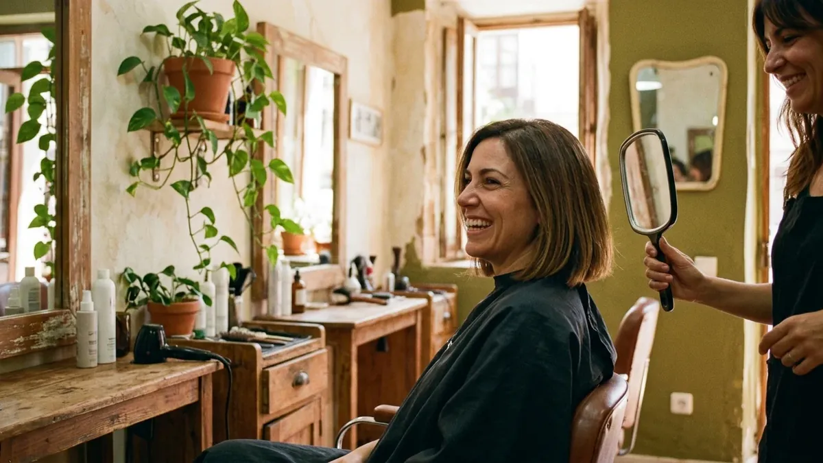 Peluquera enseñando a una clienta el resultado del corte con un espejo de mano, en un salón de barrio con luz cálida