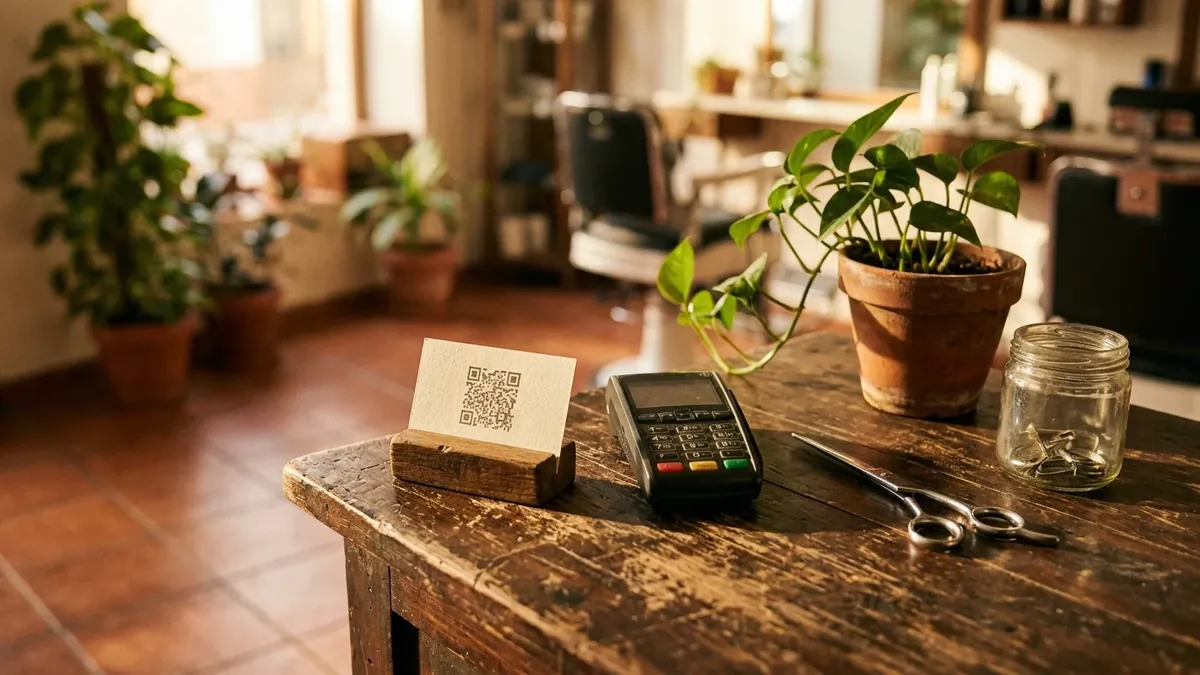 Pequeña tarjeta con código QR apoyada en un mostrador de madera junto al datáfono y una planta, con luz de tarde