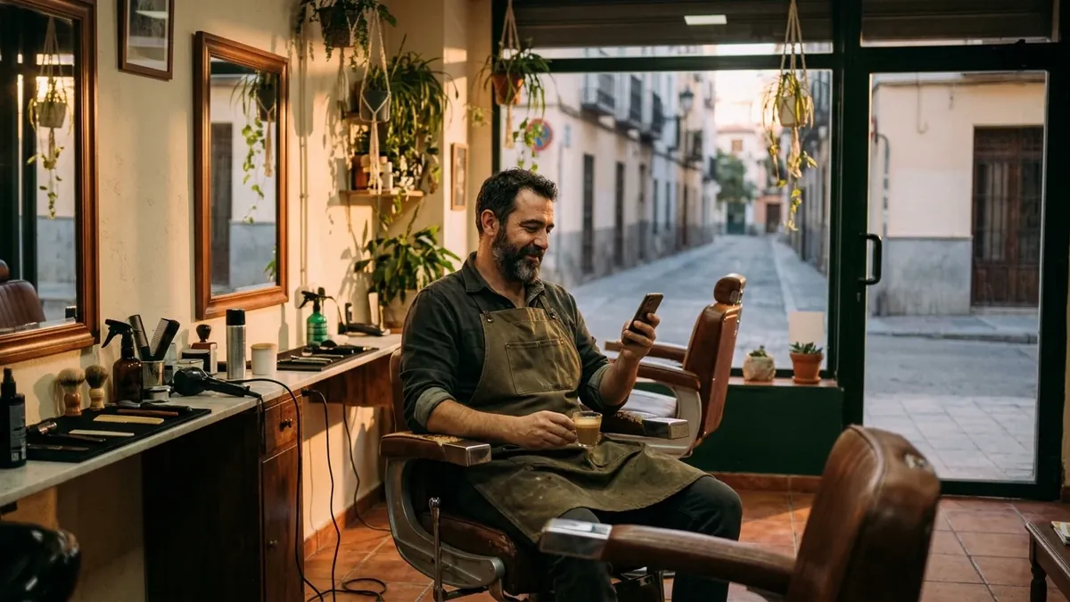 Dueño de una barbería sentado en el sillón al final del día, con un café, leyendo las reseñas en su móvil