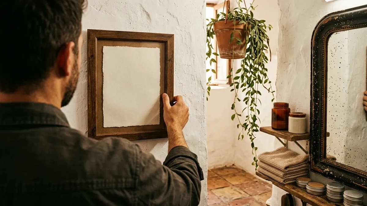 A hand hanging a frame with a blank sheet on the wall of a hair salon next to an antique mirror
