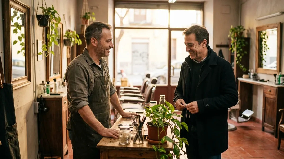 A barber and a customer talking calmly at the counter of a neighbourhood barbershop