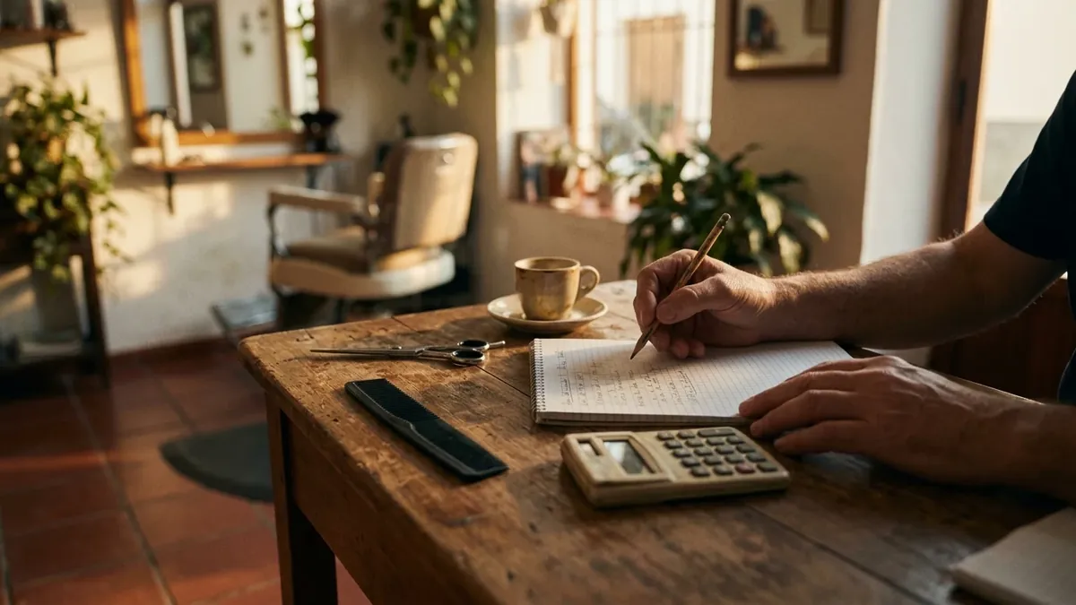 Hands working out figures in pencil in a notebook next to a calculator, on a wooden table in a hair salon