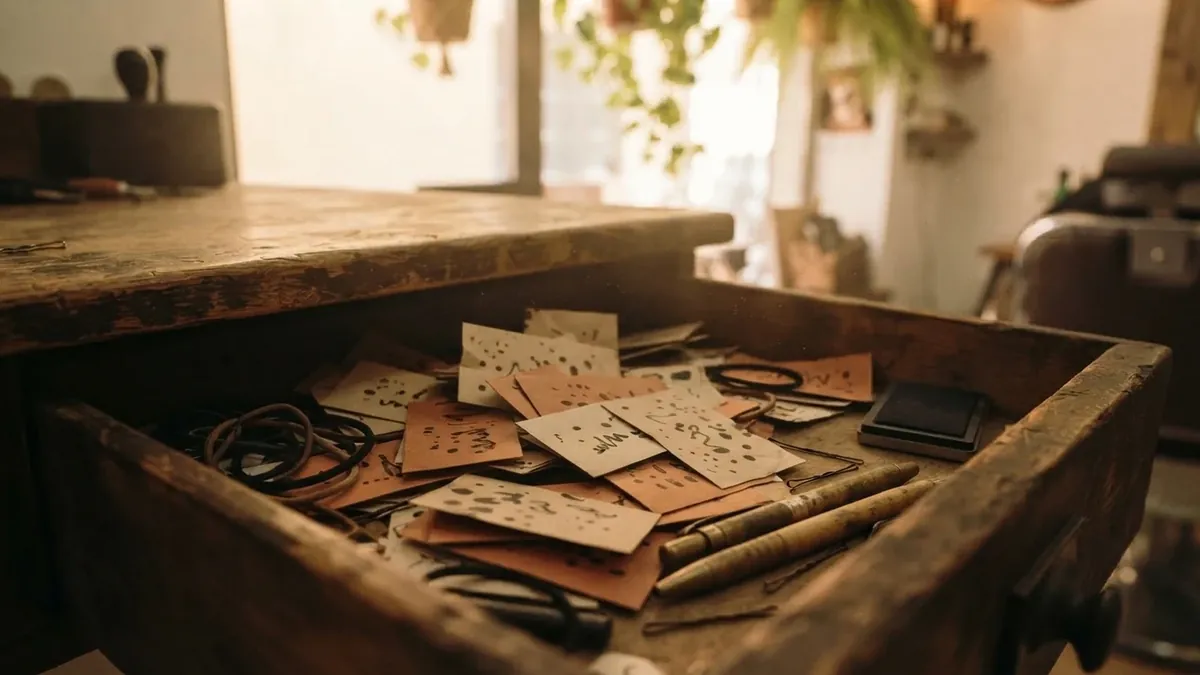 Un cajón de madera lleno de tarjetas de fidelización de cartón a medio sellar, olvidadas en el mostrador de una peluquería