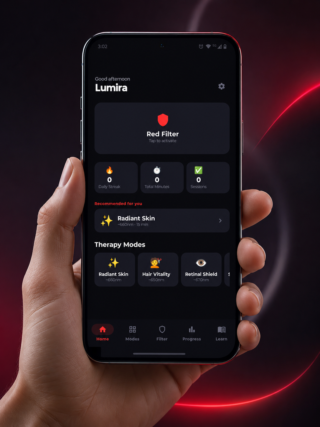 Lumira app showing red light therapy session